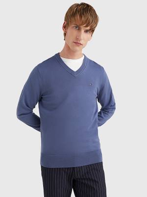 Tommy Hilfiger 1985 Essential TH Flex V-Neck Jumper Pulóverek Férfi Kék | TH207NOH