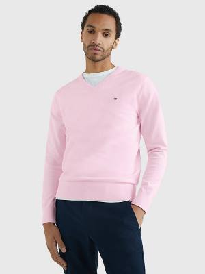 Tommy Hilfiger 1985 Essential TH Flex V-Neck Jumper Pulóverek Férfi Rózsaszín | TH752PEU