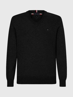 Tommy Hilfiger 1985 Essential TH Flex V-Neck Jumper Pulóverek Férfi Fekete | TH902JXA