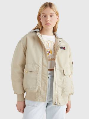 Tommy Hilfiger Badge Csuklyás Bomber Kabát Női Bézs | TH985CKI