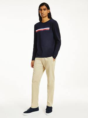 Tommy Hilfiger Bar Logo Long Sleeve Póló Férfi Kék | TH186CRG