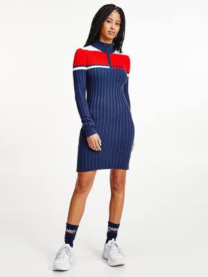 Tommy Hilfiger Colour-Blocked Half-Zip Jumper Ruha Női Kék | TH718YAJ