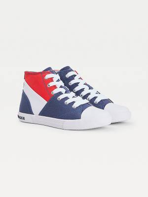 Tommy Hilfiger Colour-Blocked Recycled Pamut Vászon High-Top Tornacipő Fiú Kék | TH913AJN