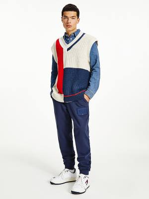 Tommy Hilfiger Colour-Blocked V-Neck Vest Pulóver Férfi Kék | TH076PLZ