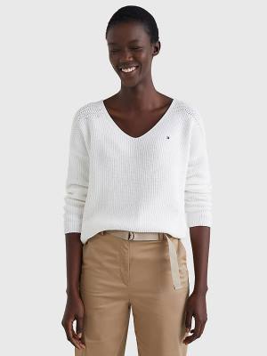 Tommy Hilfiger Contrast Knit Relaxed Fit V-Neck Jumper Pulóverek Női Fehér | TH637OSB