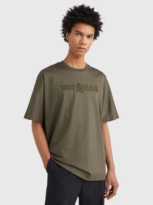 Tommy Hilfiger Crest Embroidery Organic Pamut Póló Férfi Khaki | TH128ISG