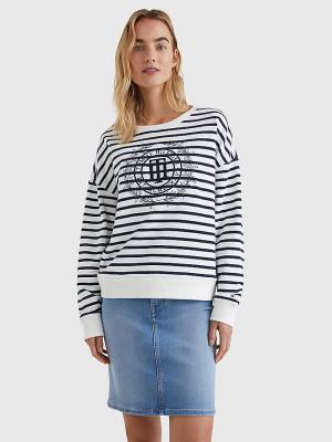 Tommy Hilfiger Crest Stripe Relaxed Pulóver Női Bézs | TH295MRB