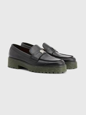 Tommy Hilfiger Crest Vaskos Bőr Loafers Ruha Cipő Férfi Fekete | TH605GLI