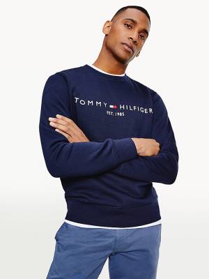 Tommy Hilfiger Crew Neck Logo Pulóver Férfi Kék | TH520KJZ