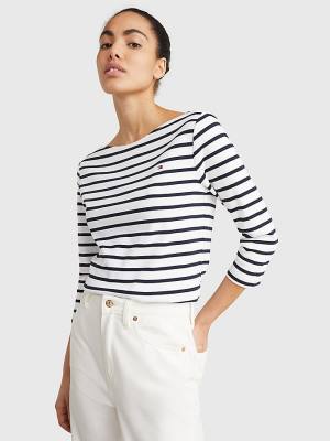 Tommy Hilfiger Csónak Neck Three-Quarter Sleeve Póló Női Fehér | TH607RHJ