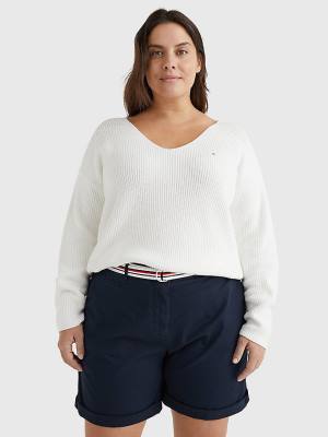 Tommy Hilfiger Curve Contrast Knit Relaxed Fit V-Neck Jumper Pulóverek Női Fehér | TH753AQN