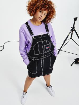 Tommy Hilfiger Curve Tommy Badge Stitch Dungaree Ruha Női Fekete | TH796PDN