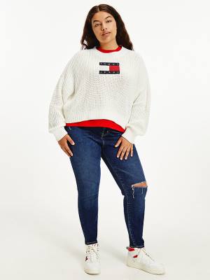 Tommy Hilfiger Curve Tommy Flag Badge Vaskos Knit Jumper Pulóverek Női Fehér | TH631WBR