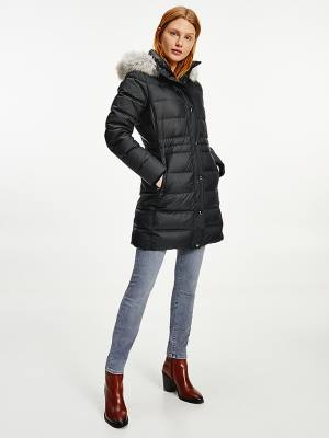 Tommy Hilfiger Essential Down-Filled Faux Fur Trim Coat Kabát Női Fekete | TH206CVN