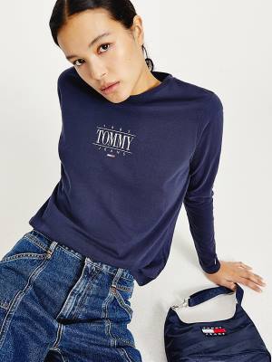 Tommy Hilfiger Essential Long Sleeve Logo Póló Női Kék | TH706KTX