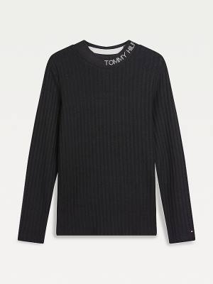 Tommy Hilfiger Essential Rib-Knit Long Sleeve Póló Lány Fekete | TH685ZAR