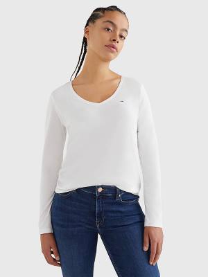 Tommy Hilfiger Essential V-Neck Long Sleeve Póló Női Fehér | TH685AUI