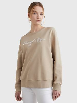 Tommy Hilfiger Graphic Crew Neck Pulóver Női Bézs | TH128HWN