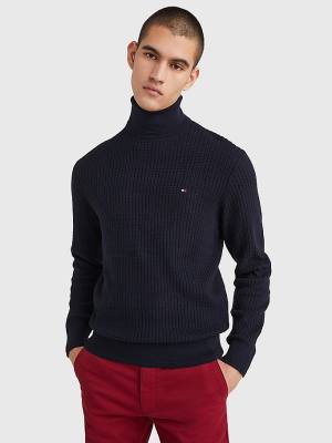 Tommy Hilfiger Grid Check Roll Neck Jumper Pulóverek Férfi Kék | TH349ZVR