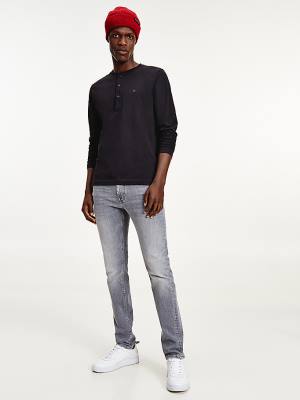 Tommy Hilfiger Henley Long Sleeve Organic Pamut Póló Férfi Fekete | TH260EPQ