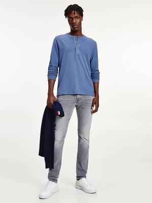 Tommy Hilfiger Henley Long Sleeve Organic Pamut Póló Férfi Kék | TH291TIL