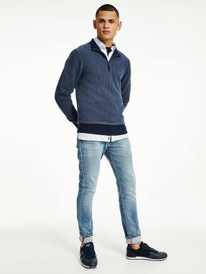 Tommy Hilfiger Herringbone Knit Half-Zip Jumper Pulóverek Férfi Kék | TH132QKD