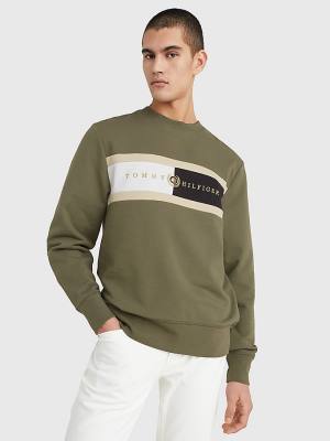 Tommy Hilfiger Icons Logo Crew Neck Pulóver Férfi Khaki | TH092BSW