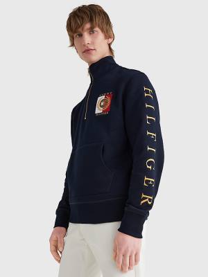 Tommy Hilfiger Icons Logo Half-Zip Kapucnis Pulóver Férfi Kék | TH624SLO