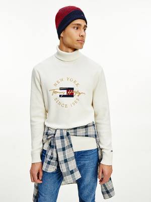 Tommy Hilfiger Icons TH Flex Roll Neck Jumper Pulóverek Férfi Fehér | TH635GEH