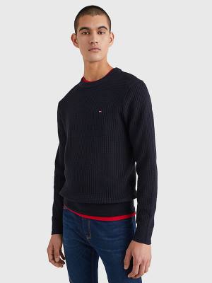 Tommy Hilfiger Knitted Grid Check Crew Neck Jumper Pulóverek Férfi Kék | TH618FCQ