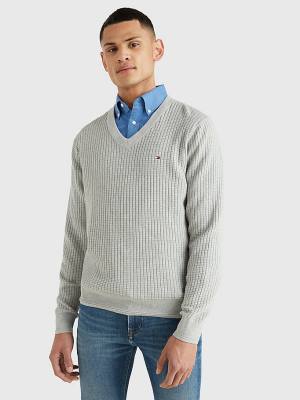 Tommy Hilfiger Knitted Grid Check V-Neck Jumper Pulóverek Férfi Szürke | TH791GRW