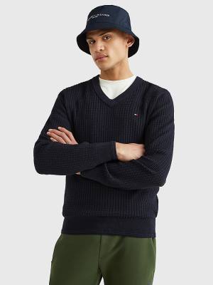 Tommy Hilfiger Knitted Grid Check V-Neck Jumper Pulóverek Férfi Kék | TH837XYL