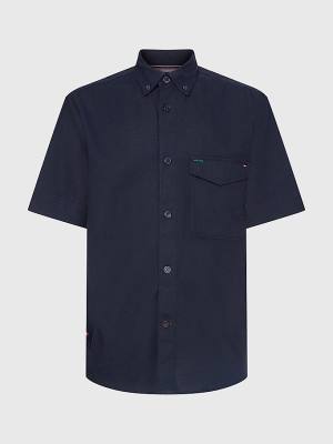 Tommy Hilfiger Linen Blend Rövid Sleeve Ingek Férfi Kék | TH371TME