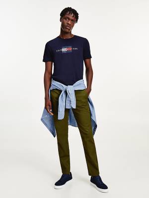 Tommy Hilfiger Lines Logo Organic Pamut Póló Férfi Kék | TH924HRO