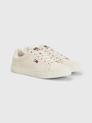 Tommy Hilfiger Logo Bőr Cupsole Tornacipő Női Bézs | TH194QFD