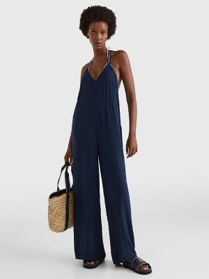 Tommy Hilfiger Logo Crossover Pántos V-Neck Jumpsuit Fürdőruha Női Kék | TH876RAE