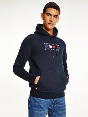 Tommy Hilfiger Logo Embroidery Fleece Kapucnis Pulóver Férfi Kék | TH427CIO