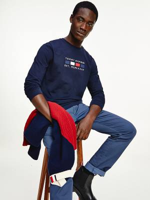 Tommy Hilfiger Logo Embroidery Long Sleeve Póló Férfi Kék | TH186QRN