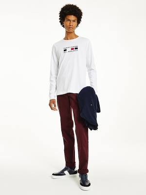 Tommy Hilfiger Logo Embroidery Long Sleeve Póló Férfi Fehér | TH790WID