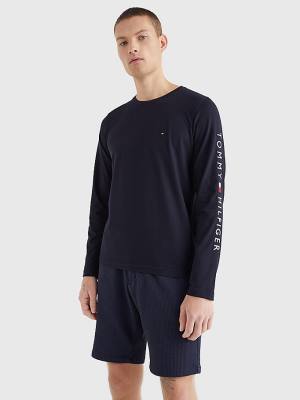 Tommy Hilfiger Logo Long Sleeve Póló Férfi Kék | TH964UGX