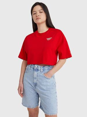 Tommy Hilfiger Logo Tape Oversized Cropped Póló Női Piros | TH870GDS