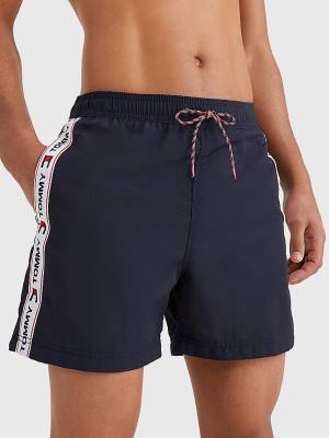 Tommy Hilfiger Logo Tape Slim Fit Mid Length Shorts Fürdőruha Férfi Kék | TH238MQR