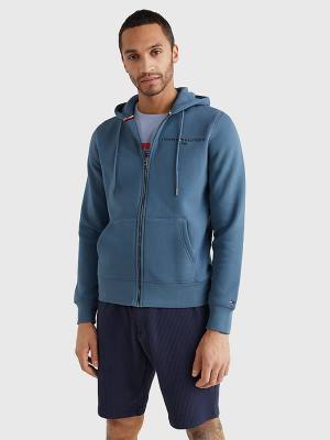 Tommy Hilfiger Logo Zip-Thru Kapucnis Pulóver Férfi Kék | TH593IXM