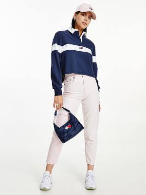 Tommy Hilfiger Long Sleeve Cropped Stripe Rugby Shirt Póló Női Kék | TH980ALC