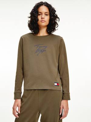 Tommy Hilfiger Long Sleeve Lounge Signature Logo Póló Női Khaki | TH381VCS