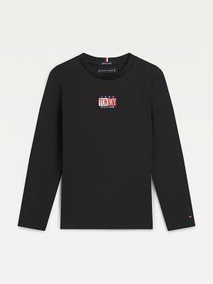 Tommy Hilfiger Long Sleeve Organic Pamut Logo Póló Fiú Fekete | TH801YIV