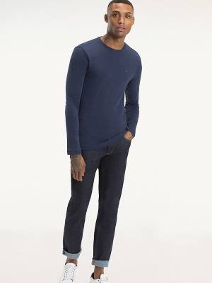 Tommy Hilfiger Long Sleeved Ribbed Organic Pamut Póló Férfi Kék | TH089UJO