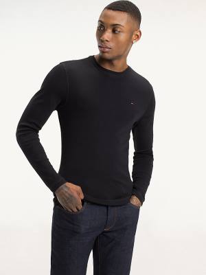 Tommy Hilfiger Long Sleeved Ribbed Organic Pamut Póló Férfi Fekete | TH279XRD