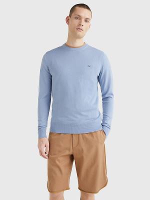 Tommy Hilfiger Merino Wool Crew Neck Jumper Pulóverek Férfi Kék | TH865XZU