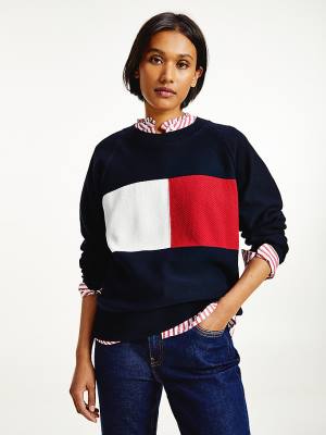 Tommy Hilfiger Organic Pamut Colour-Blocked Flag Jumper Pulóverek Női Kék | TH364WVO